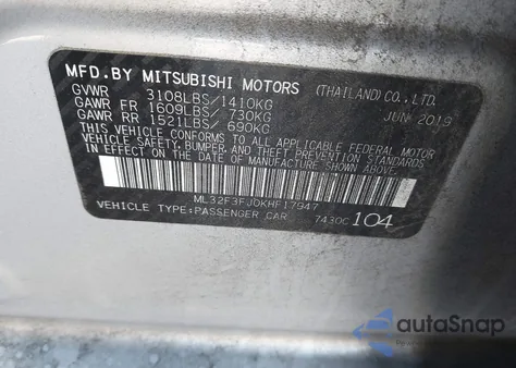 2019 Mitsubishi Mirage G4 Es z USA, uszkodzony, nr VIN ML32F3FJ0KHF17947